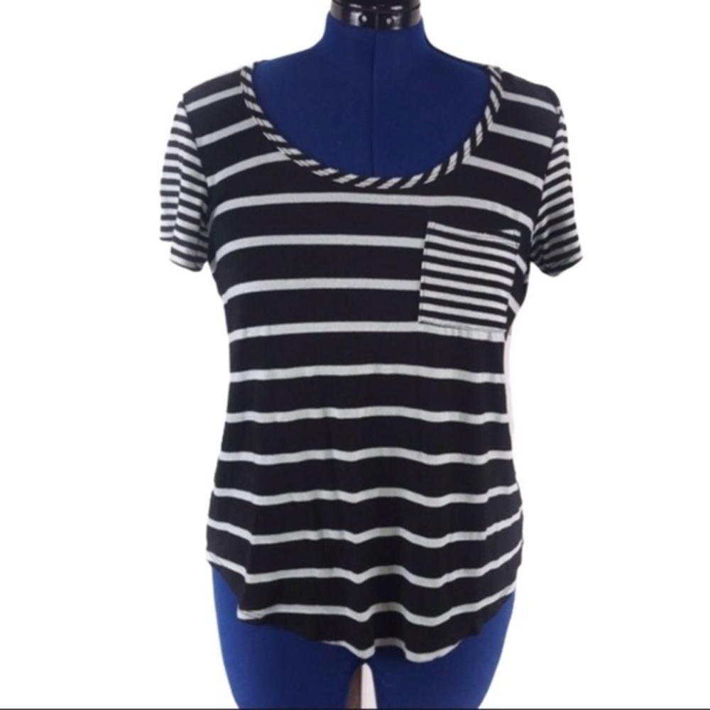 Bobeau M black mint green stripe bust‎ pocket crew neck short sleeve t shirt top
